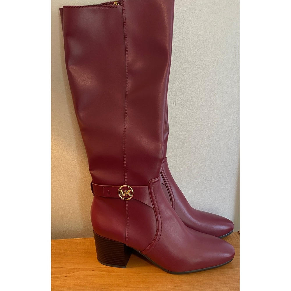 Michael Kors Women Merlot Burgundy Tall Knee High Block Heel Boots MK Logo 9M